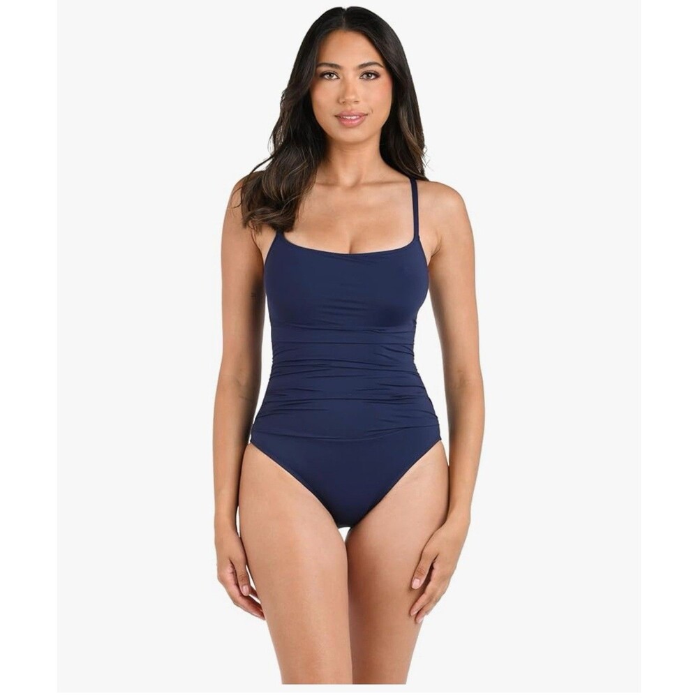 La Blanca Women's One Piece Swimsuit Island Goddess Shirred Side blue size 10 - Picture 2 of 15